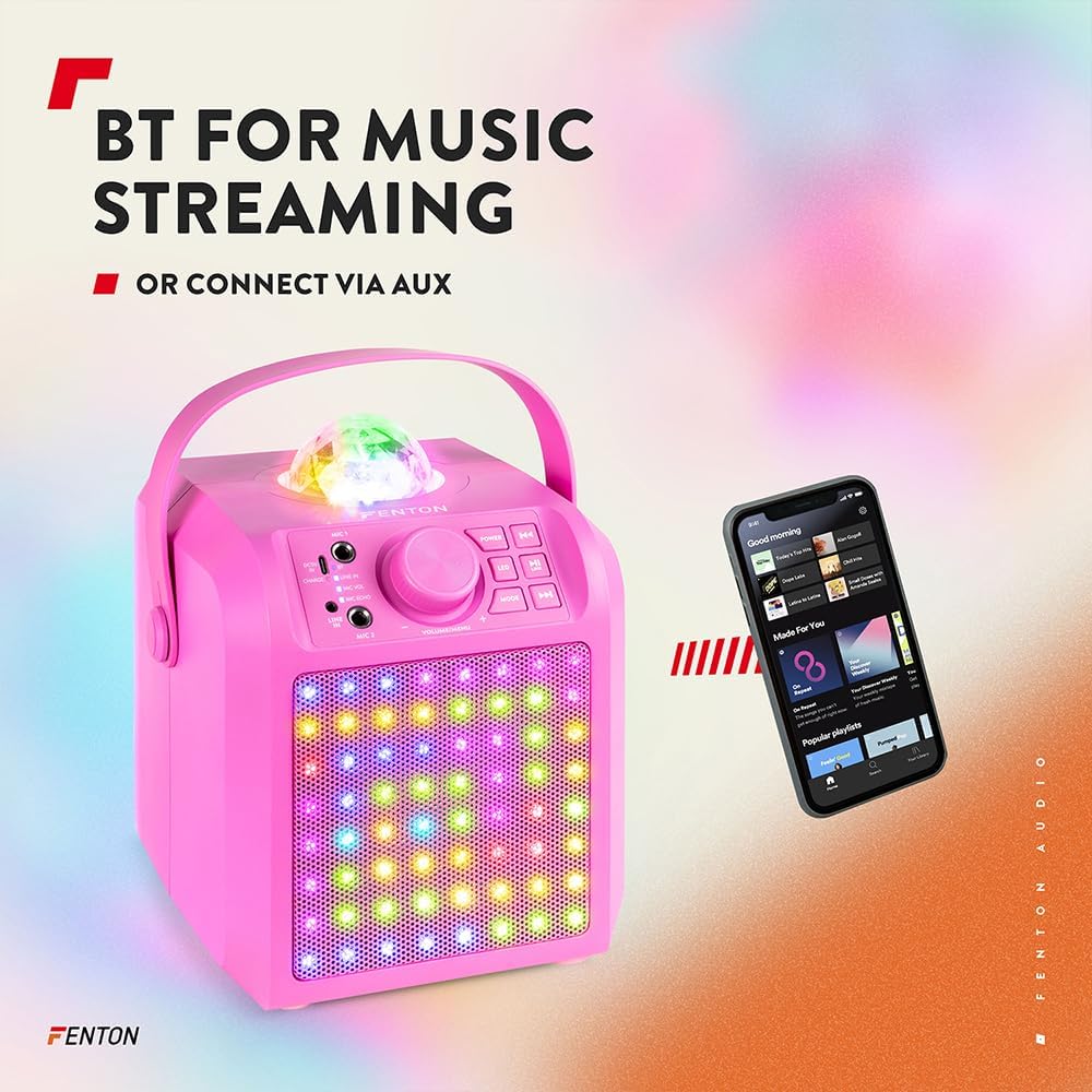 Karaoke-Musikbox mit Mikrofonen und LED-Licht, Pink + Disco Kugel
