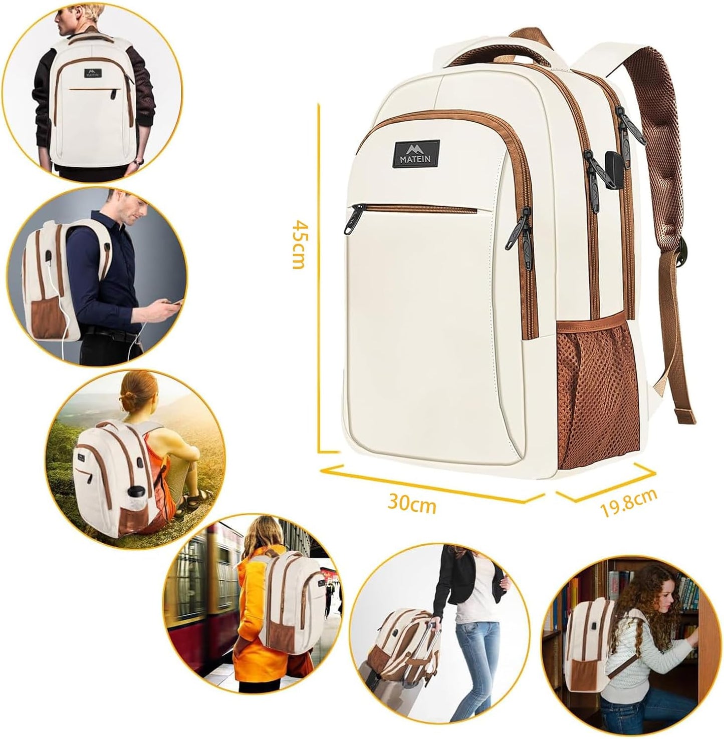 Business Laptop Rucksack mit USB-Anschluss 15,6 Zoll, 15.6" Beigebraun