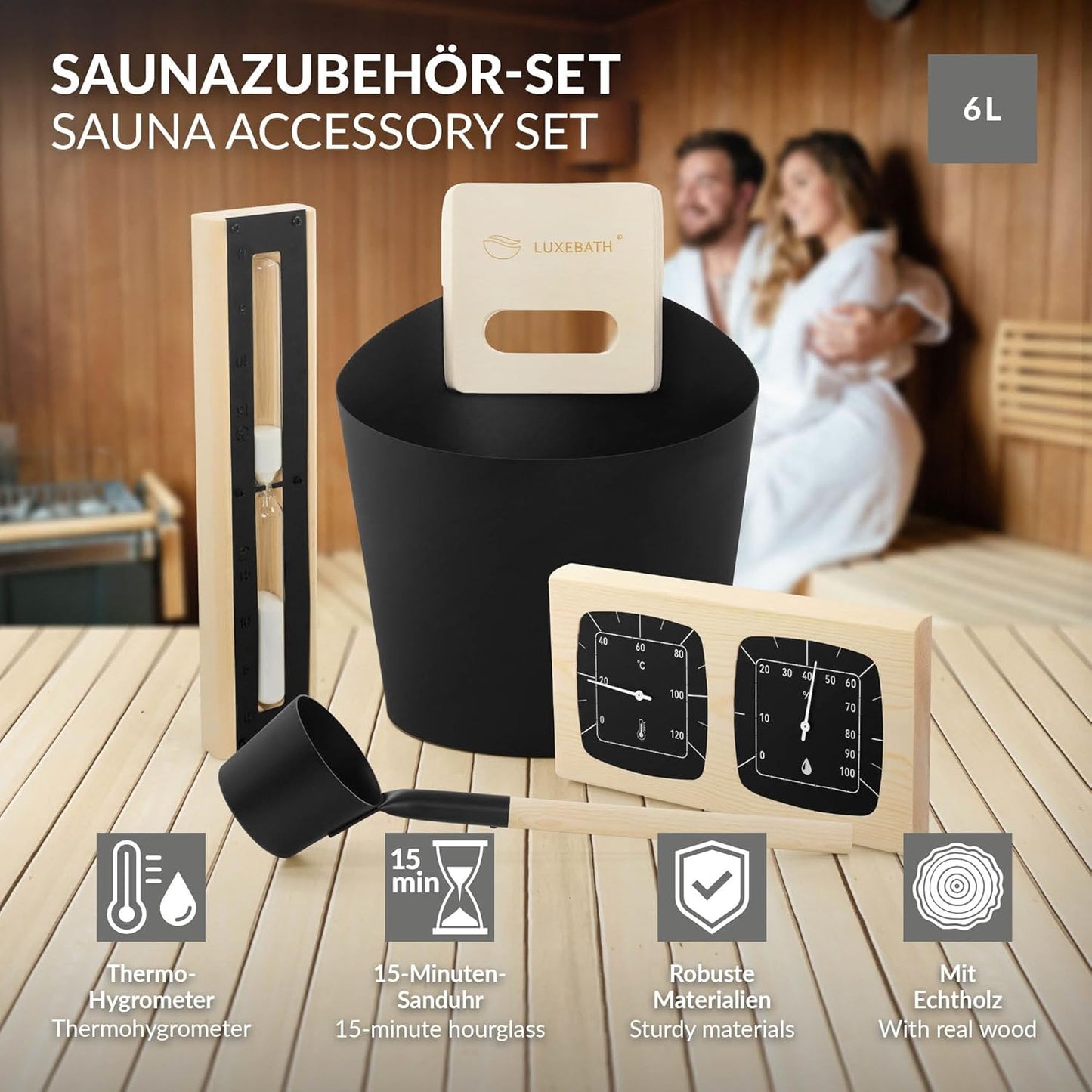 Saunazubehör-Set aus Aluminium & Holz