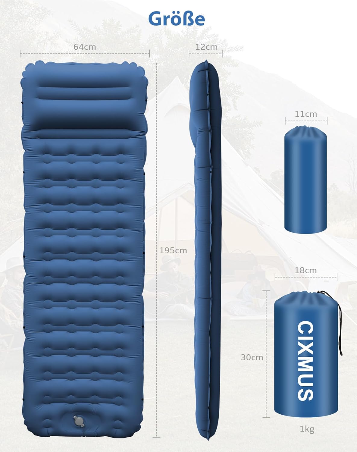 Aufblasbare Isomatte mit Fusspumpe und Kopfkissen, Marineblau