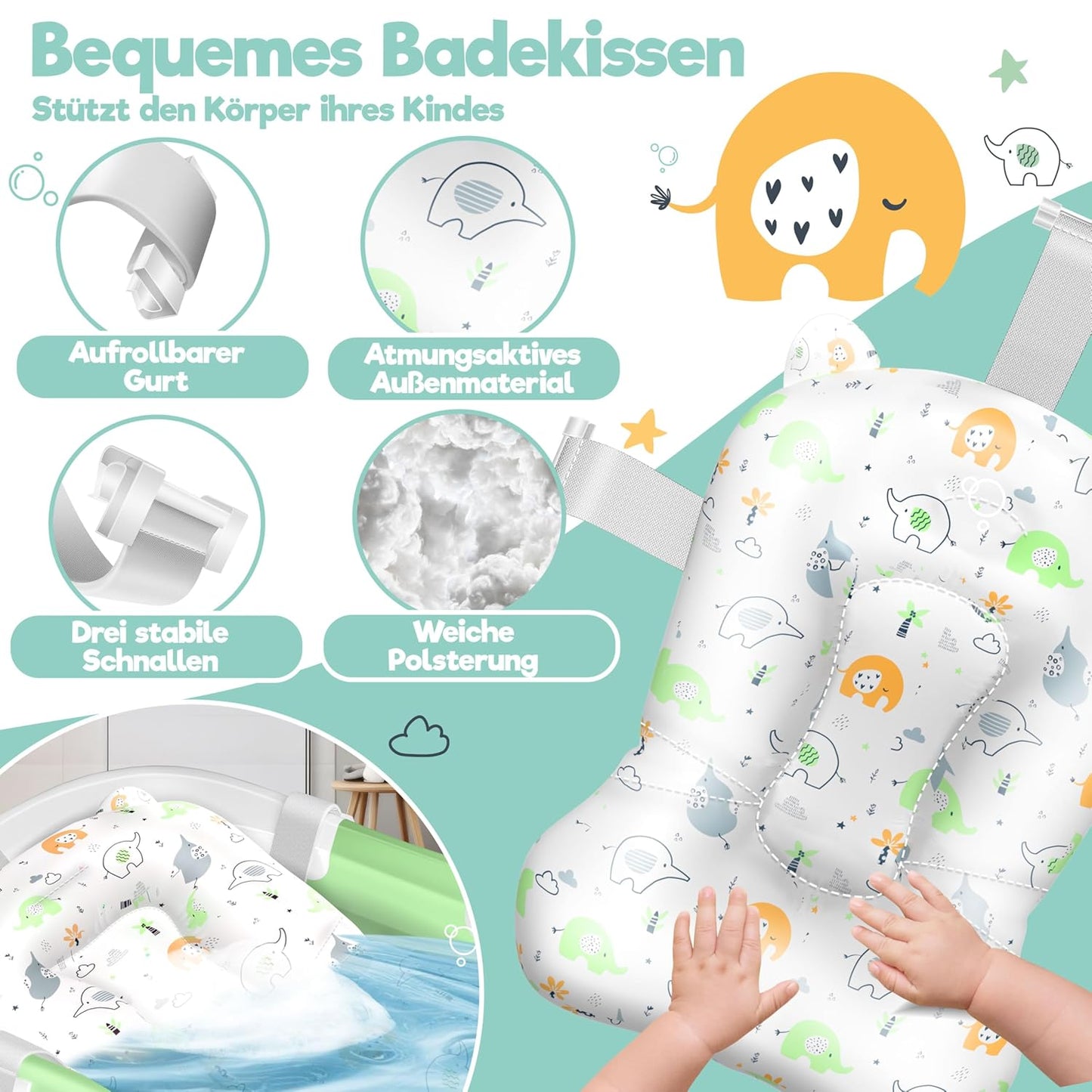 Faltbare Babybadewanne mit Thermostat & Kissen, Grün