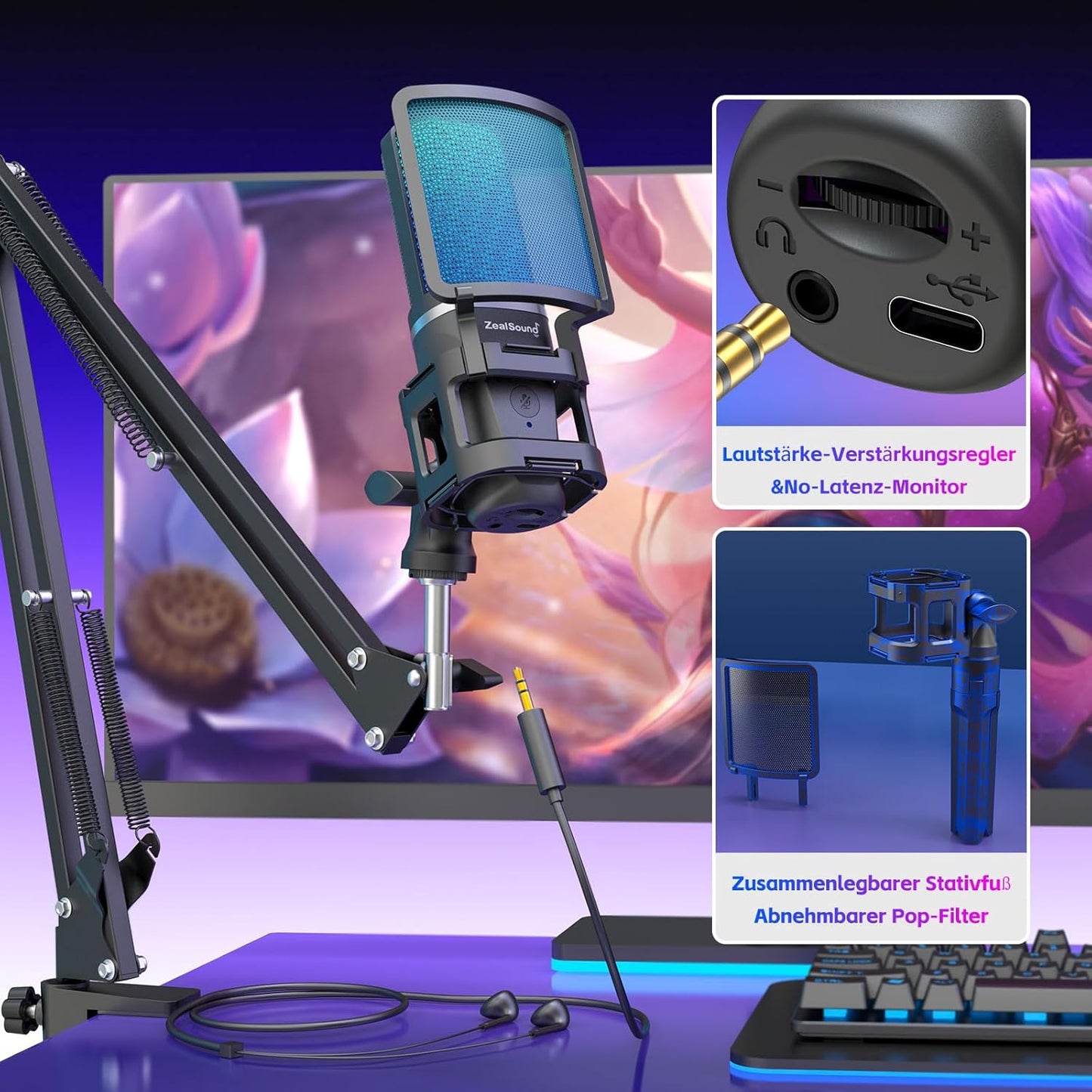 USB Gaming Mikrofon A68S mit RGB/Mute & Ständer-Set, A68S + Stativ & Boom arm