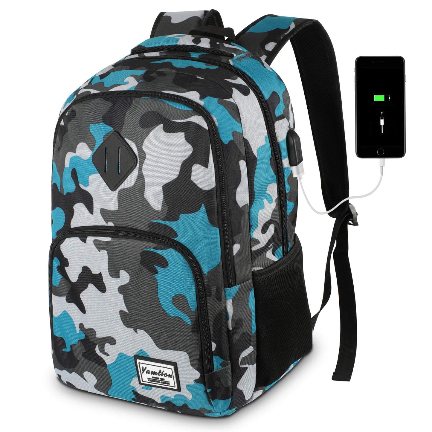 Schulrucksack mit USB-Ladeanschluss und Laptopfach, 15.6" B6-tarnung Blau