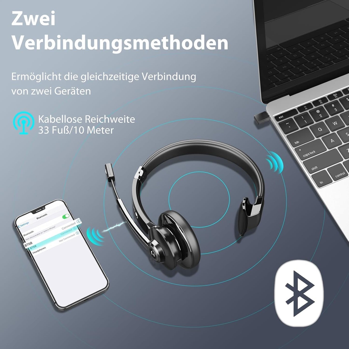 Kabelloses Headset mit Mikrofon & USB-Dongle, Schwarz