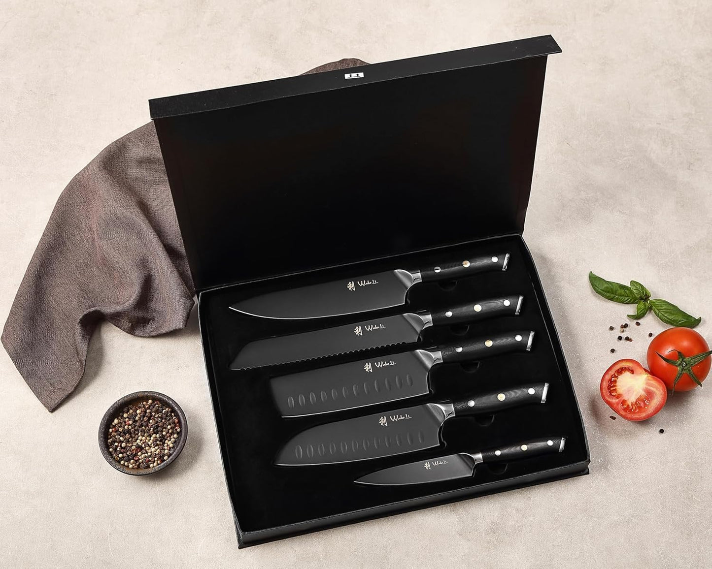 Titanium Noir Küchenmesser-Set mit magnetischem Messerblock, 5er Set mit Block