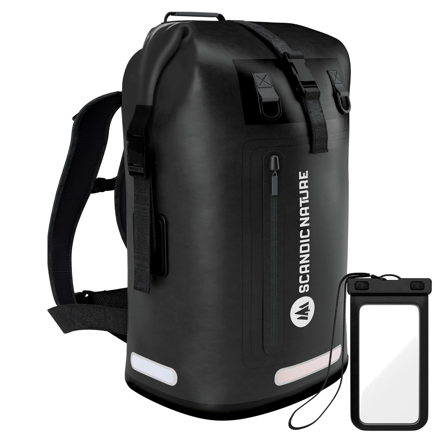 Wasserdichter Rucksack mit Rolltop-Verschluss und Handyhülle, Schwarz 35 Liter