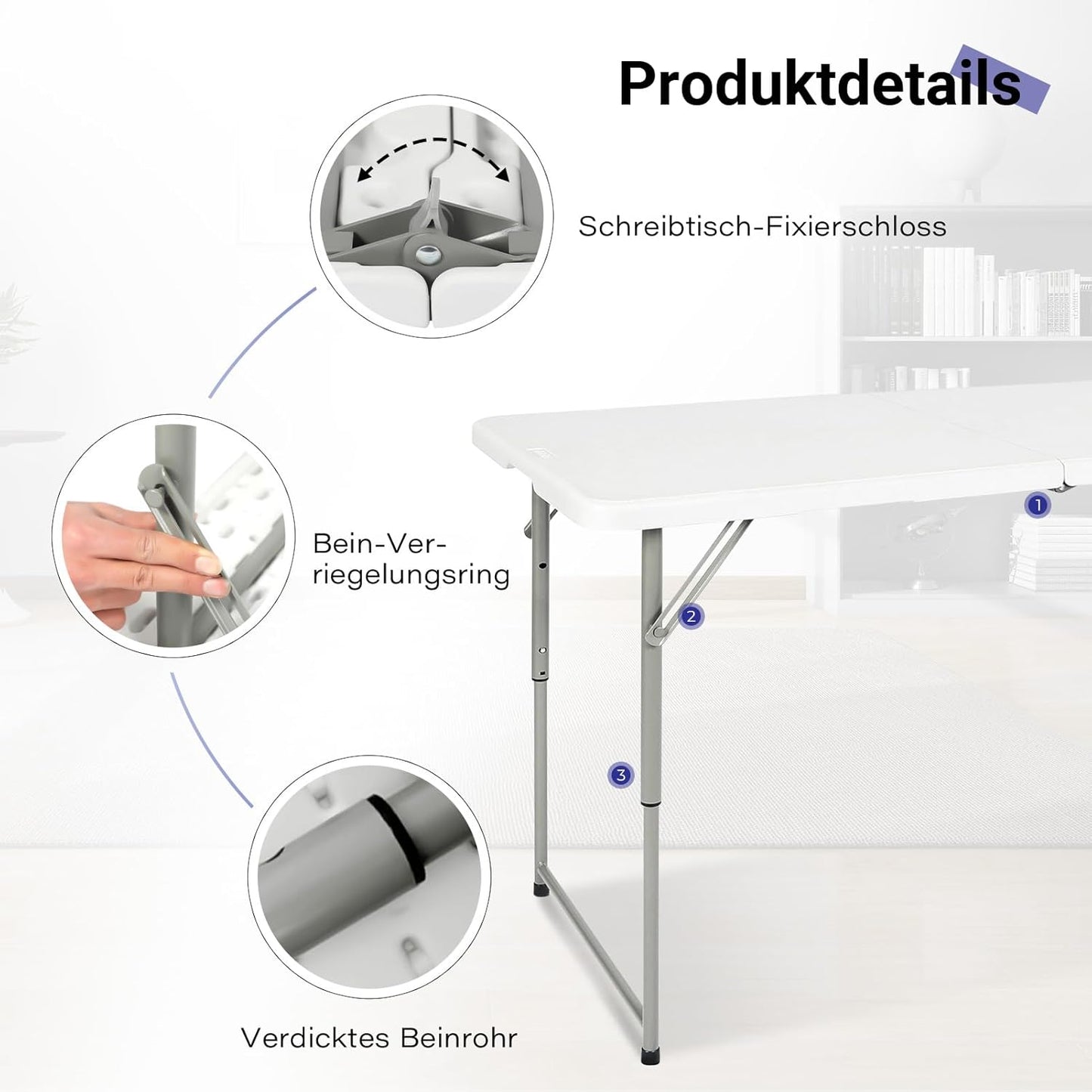 Höhenverstellbarer Klapptisch, tragbar, Weiss