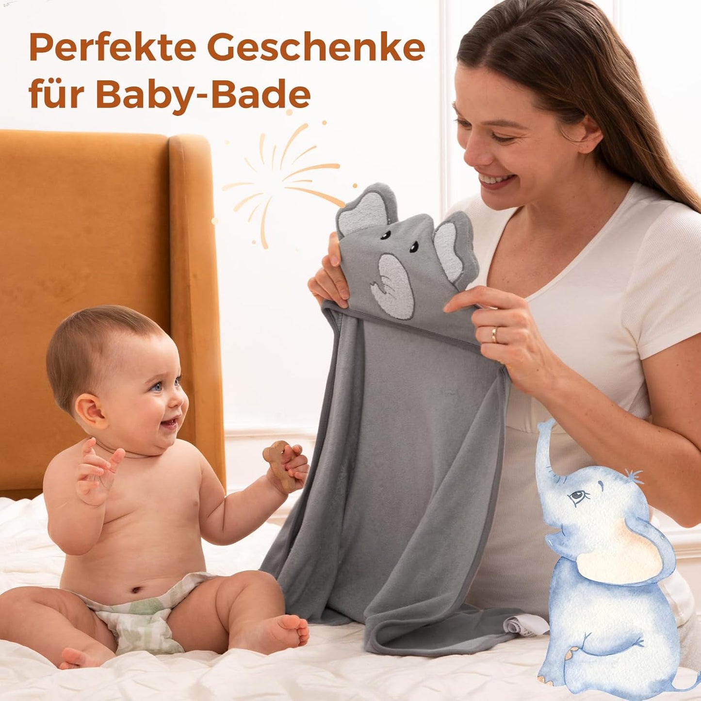 8-teiliges Baby Badetuch-Set mit Kapuze und Elefantmotiv, Grau