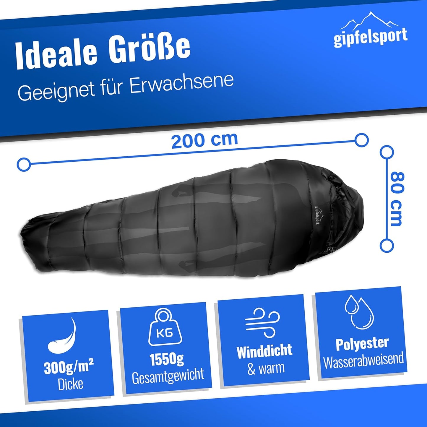 Ultraleichter Mumienschlafsack für 4 Jahreszeiten, -5°C schwarz