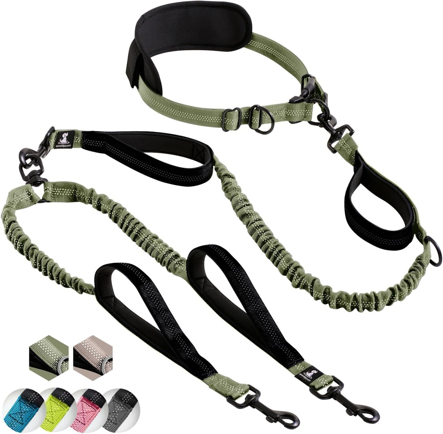 Joggingleine für Hunde, Grün Armygrün Für zwei Hunde