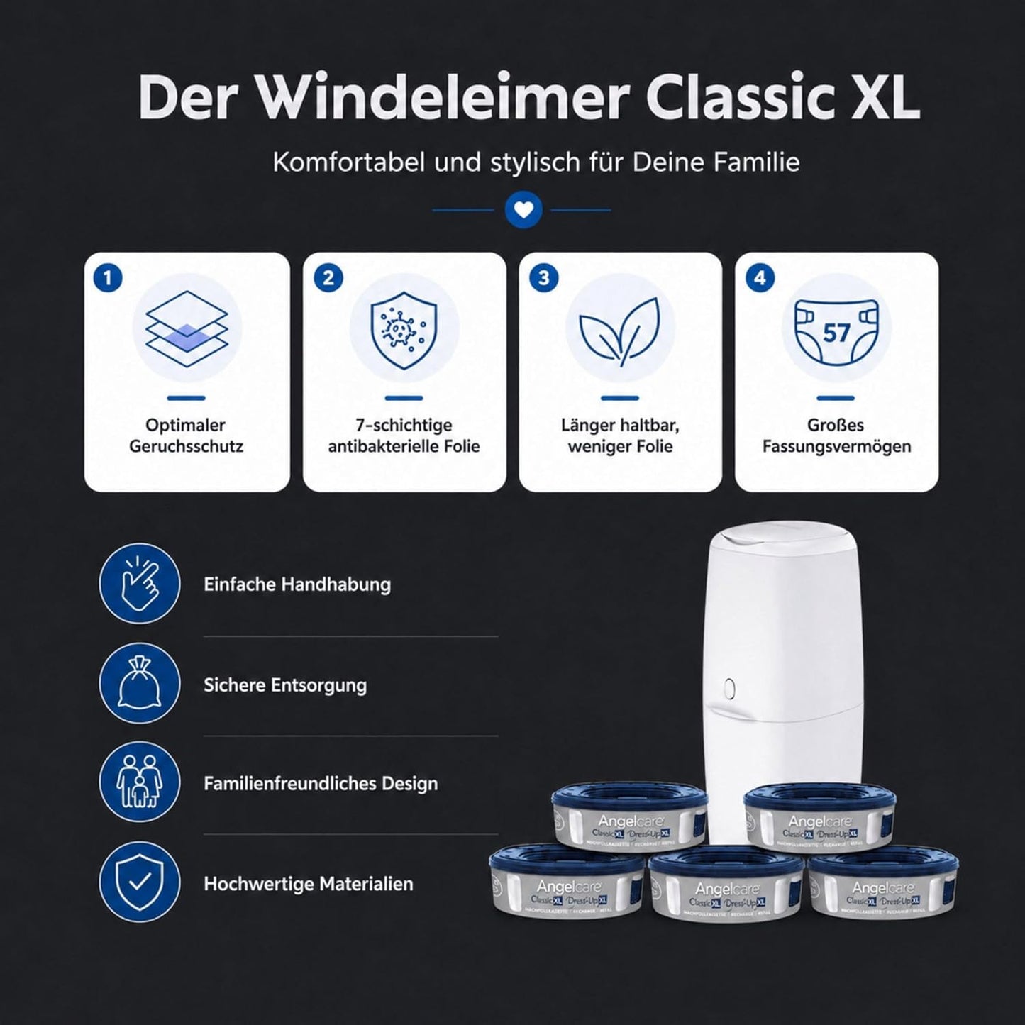 Windeleimer Classic XL mit 5 Nachfüllkassetten, 6-teiliges Set