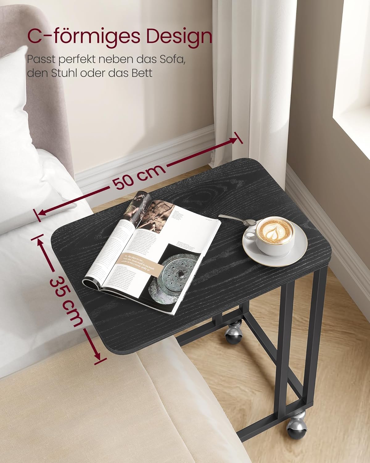 Beistelltisch C-Form mit Rollen, 35x50x60 cm, Ebenholzschwarz