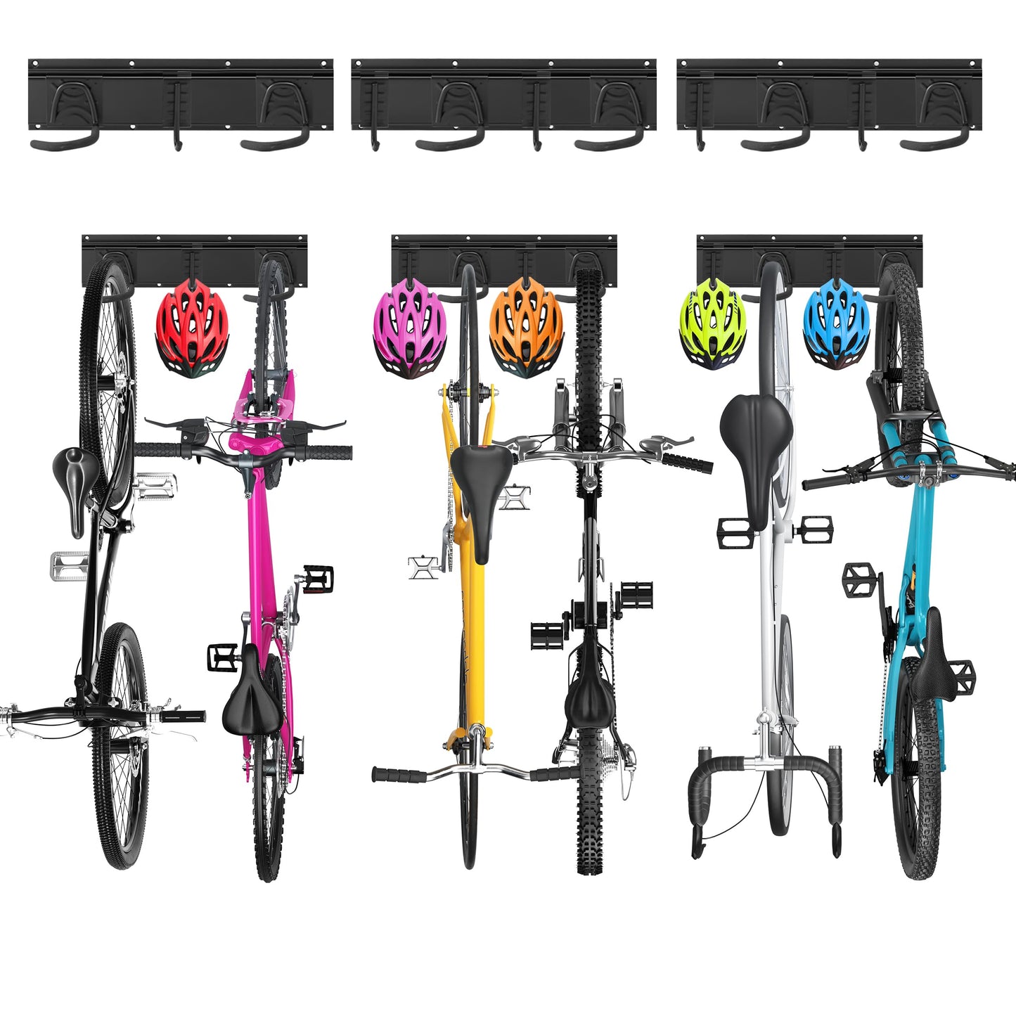 Wandhalterung für 6 Velos und 5 Helme, 6 Fahrräde -16Zoll - 3 Schienen+5 Helmhaken