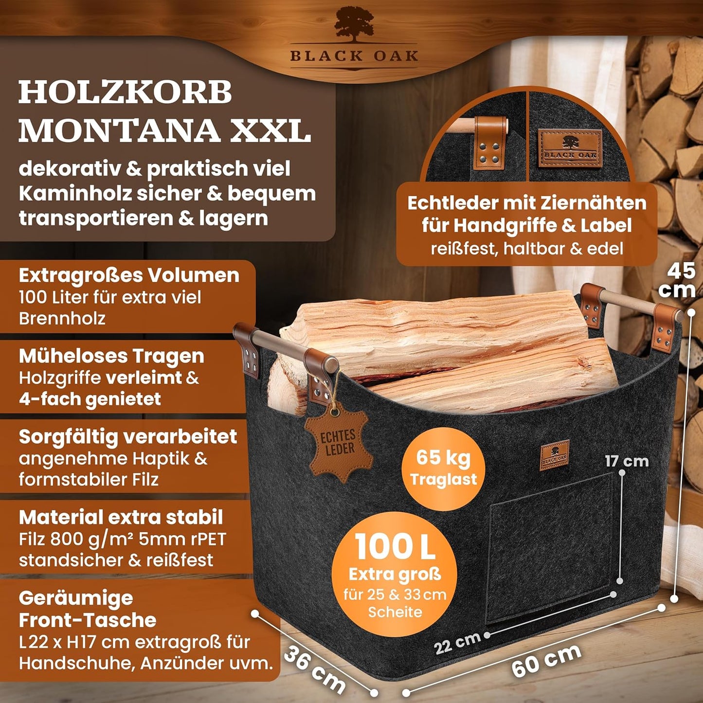 XXL-Filzkorb für Kaminholz, 100L, 100 l Anthrazit