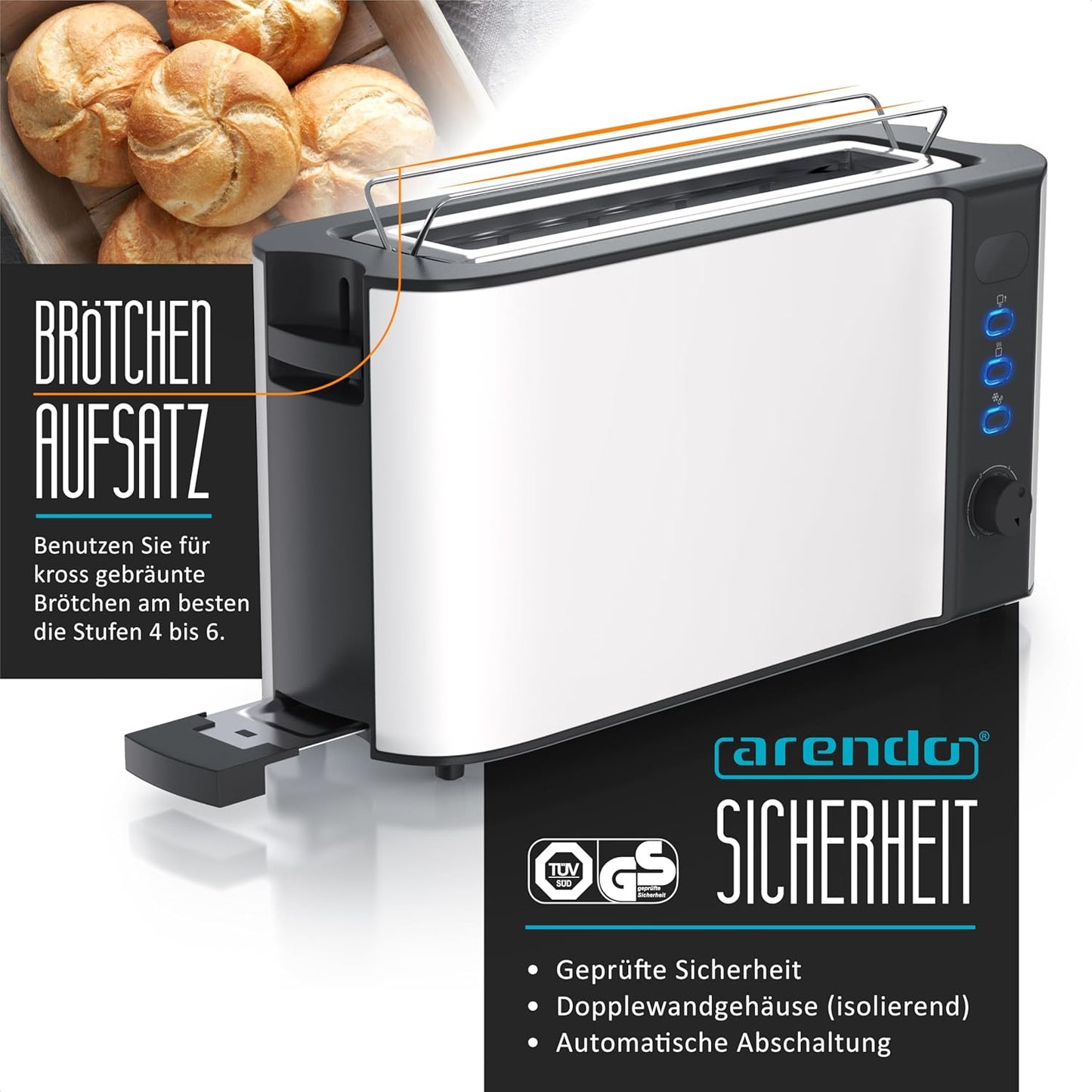 Langschlitz-Toaster mit Defrost- und Brötchenfunktion, C: Weiss Matt