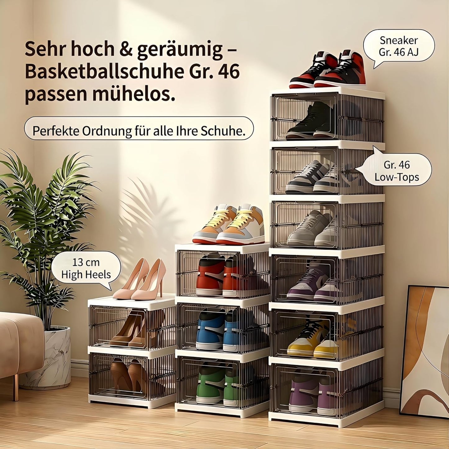 Schuhboxen Stapelbar, Transparent, Faltbar (18 Stück), Schwarz 18 Ebenen