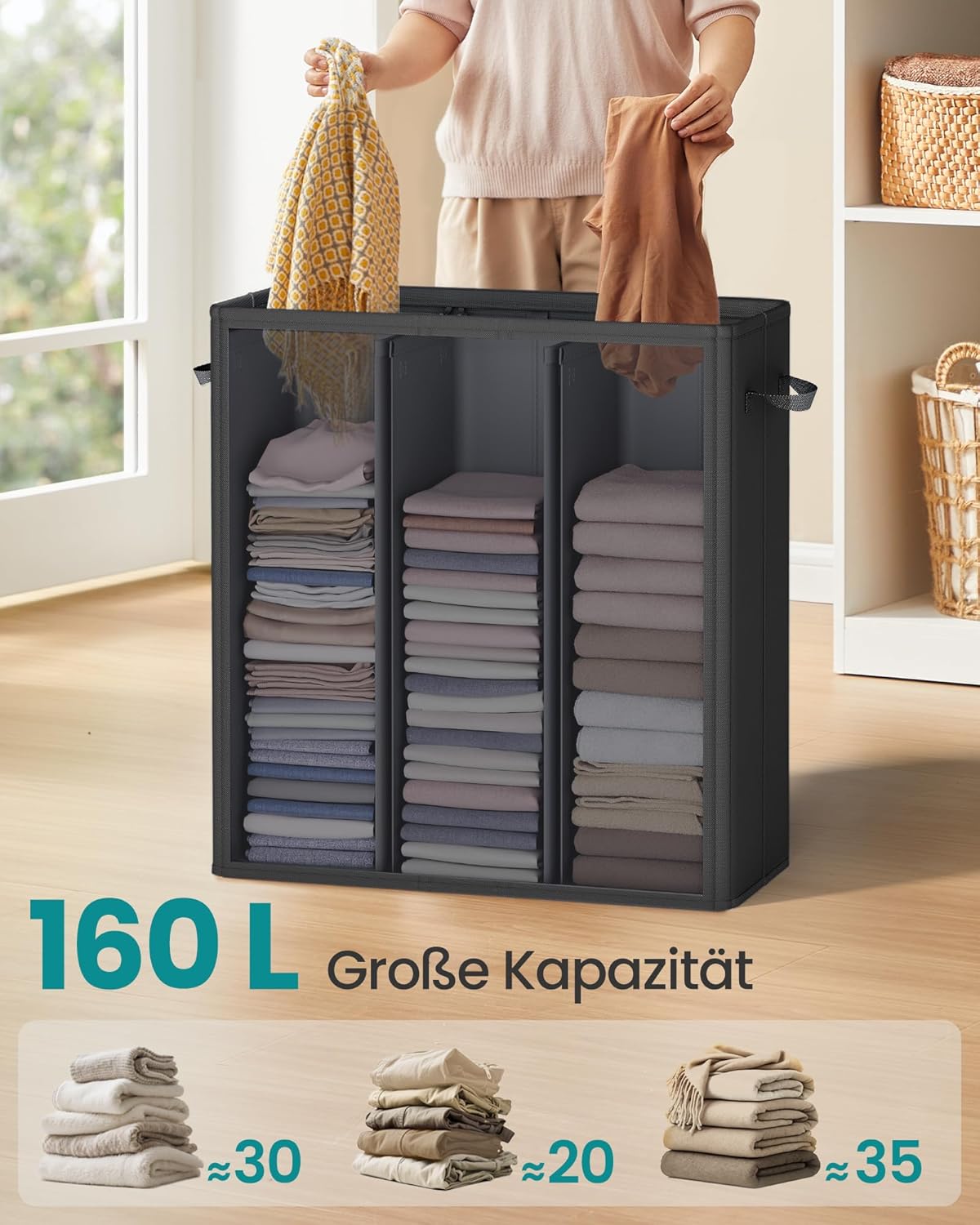 Wäschekorb mit 3 Fächern, 160 L Tintenschwarz