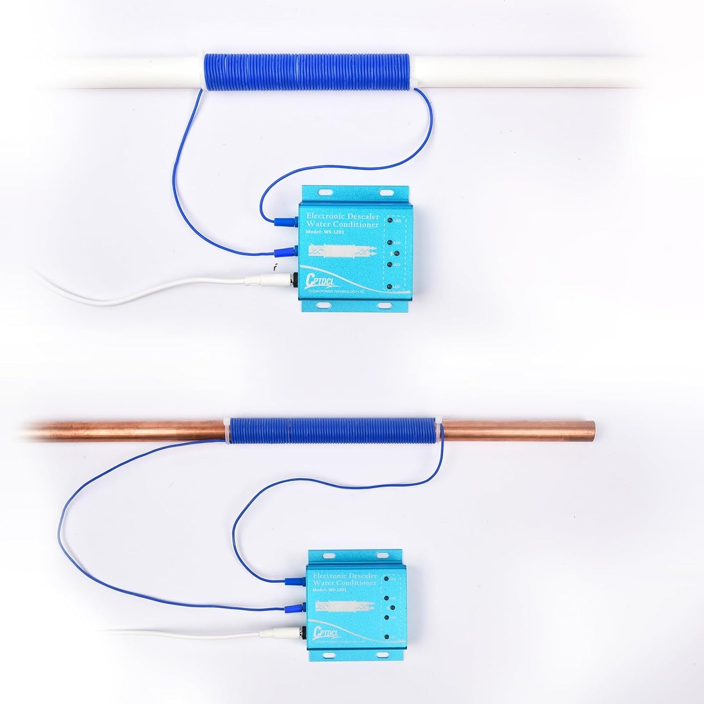 Elektronischer Wasserentkalker, salzfrei, Kalkschutzsystem, blau
