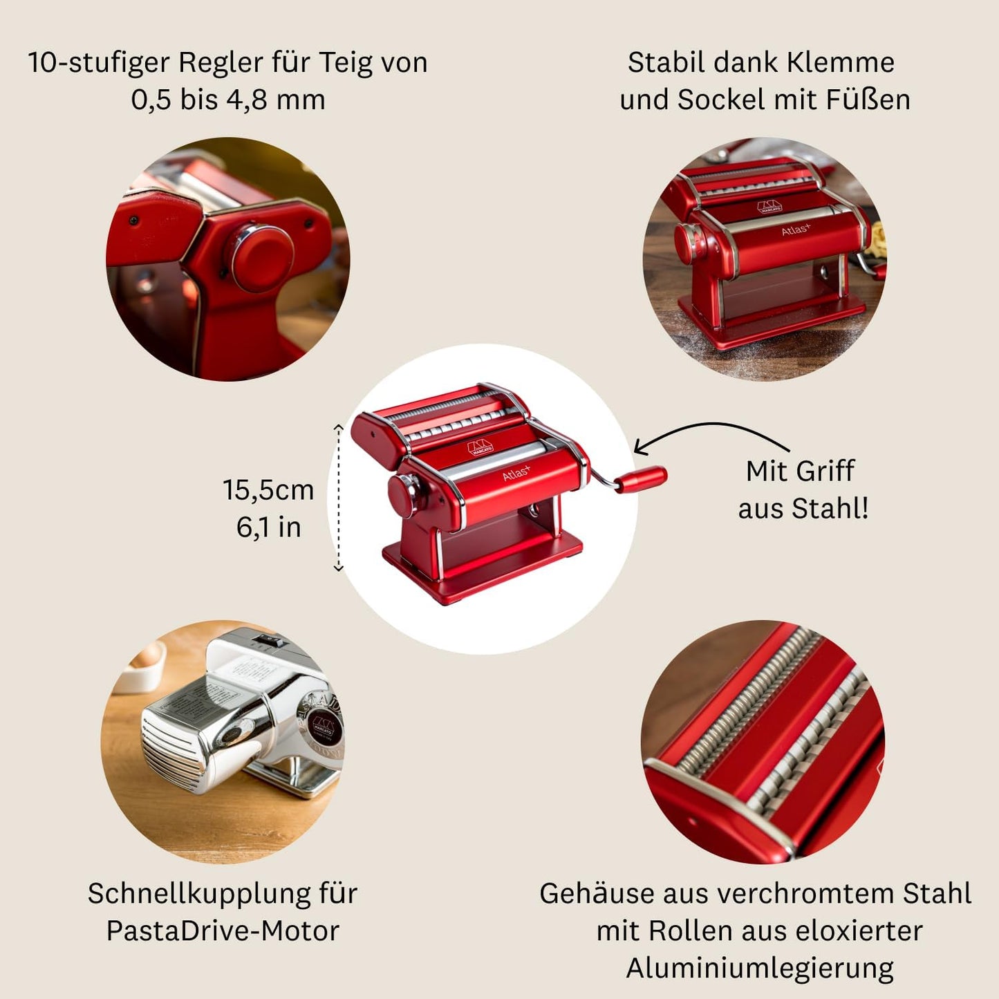 Atlas+ Nudelmaschine für Lasagne & Spaghetti, Rot