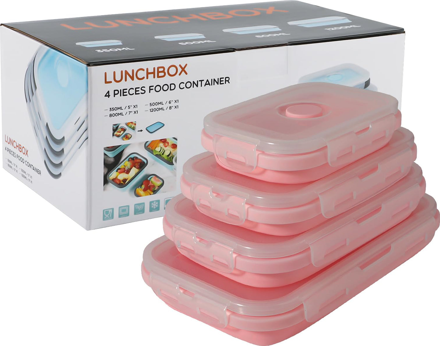 Faltbares Food Container-Set, 4-teilig mit Deckel, Rosa