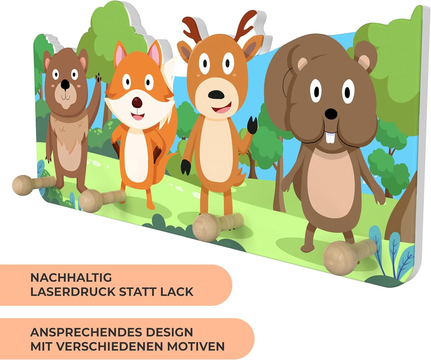 Kindergarderobe aus Holz mit 4 Haken (Wald-Design), Wald