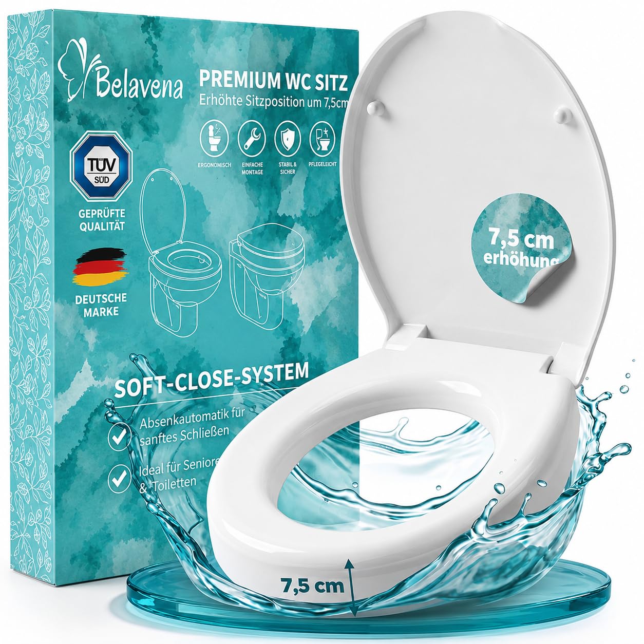 WC Sitzerhöhung mit Absenkautomatik, 7,5 cm, 250 kg