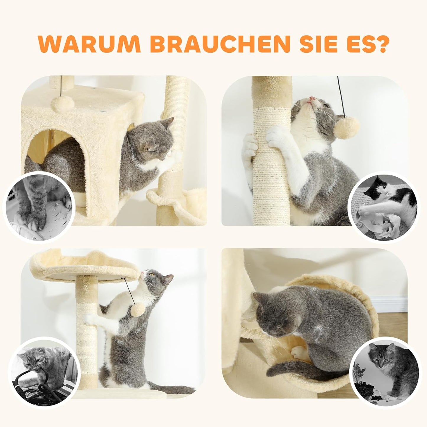 Kratzbaum mit Höhlen und Hängematte (160 cm), Beige 160H cm