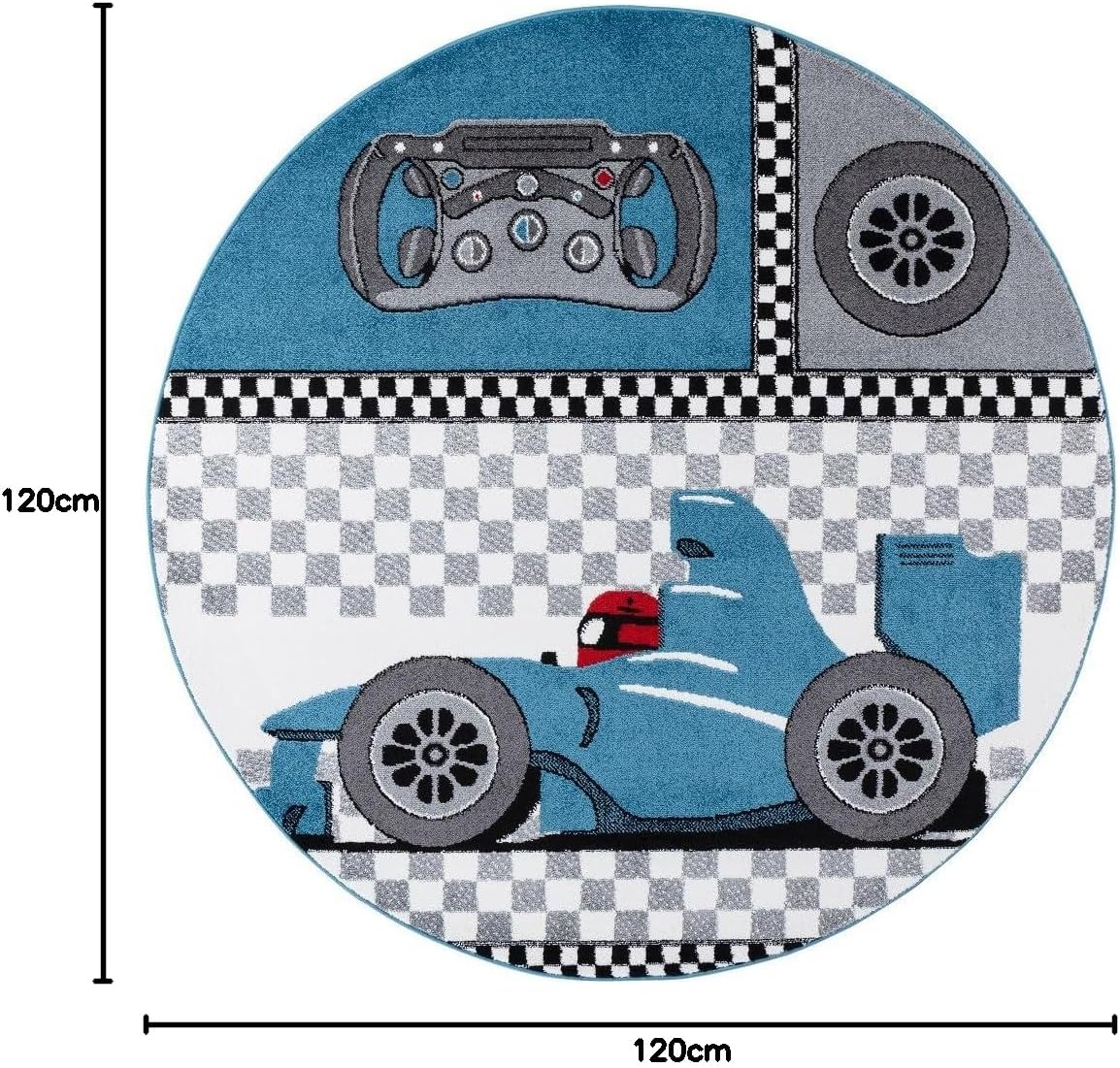 Kinderteppich mit Rennwagen-Muster (120 cm, rund), 120 cm (Rund) Blau-1