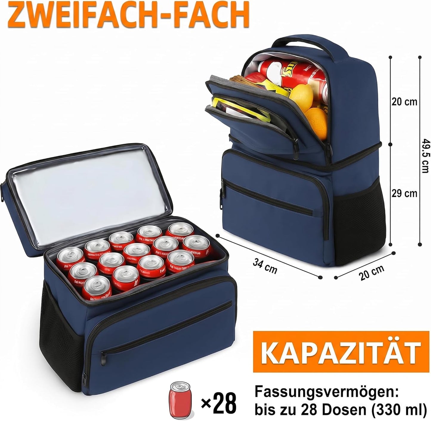 Thermo Kühlrucksack, Blau 40 Dosen