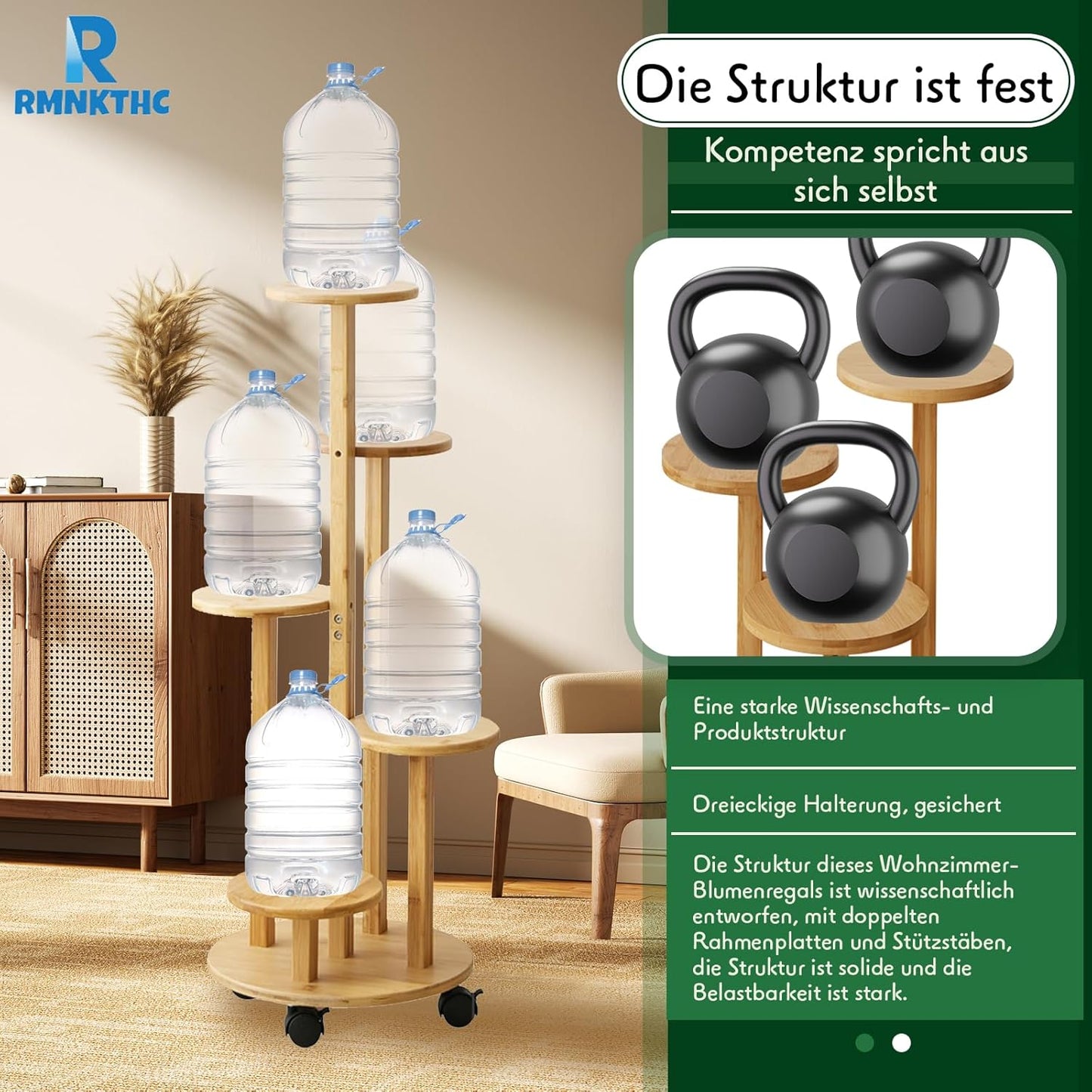 Bambus Blumenregal auf Rollen, 5-stufig, Holzfarbe 5-stufig