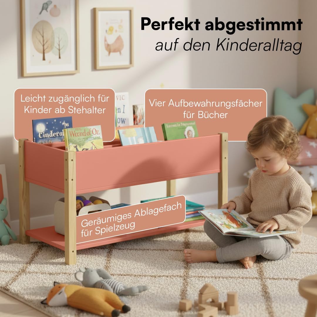 Kinder-Bücherregal mit 4 Fächern, Terrakotta/Natur