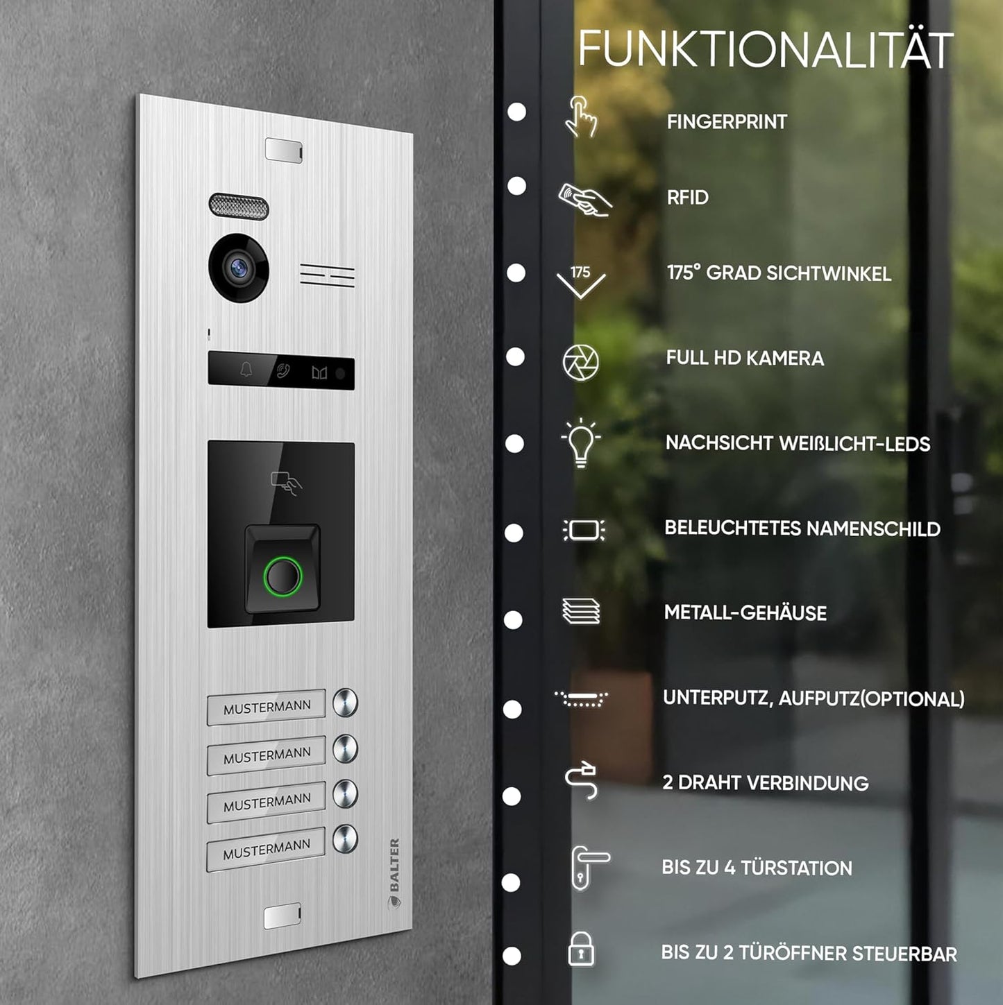 Video Türsprechanlage mit Fingerprint und 4 Monitoren, 4 Monitore, Ohne App A. Silber/Weiß