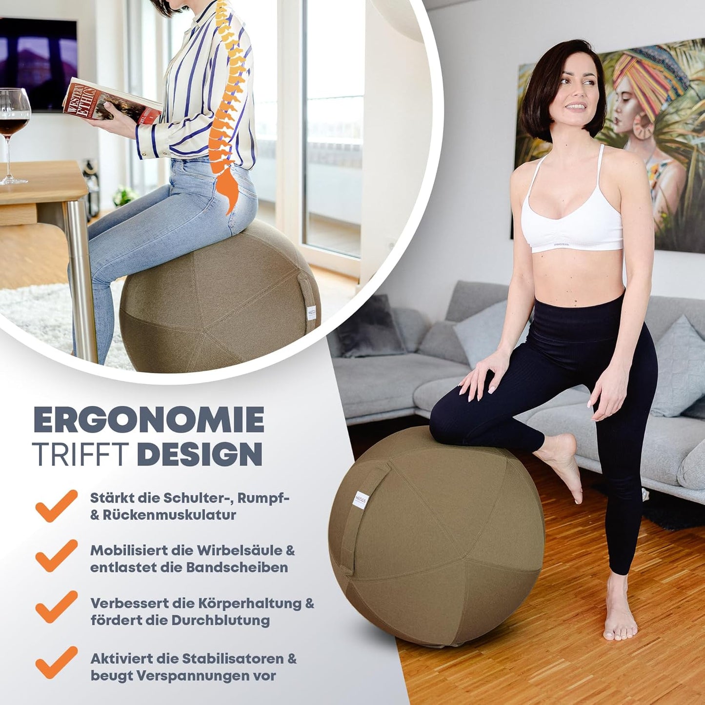 Ergonomischer Sitzball mit Stoffbezug, Cappuccino-braun 65 cm