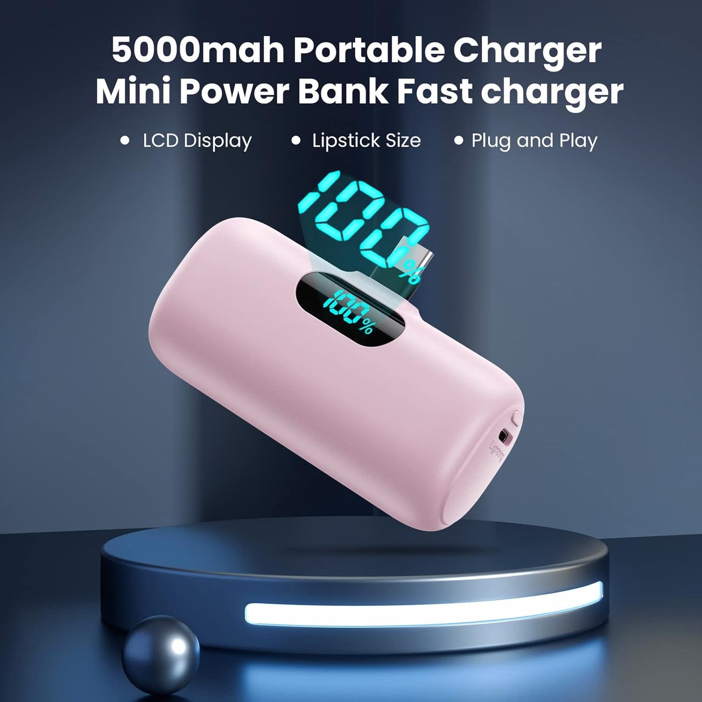 Mini Powerbank USB C mit LCD Display, Rosa