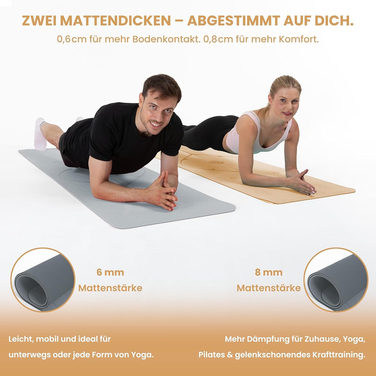 Rutschfeste Yoga- und Gymnastikmatte 6 mm, 6 mm dick Grau