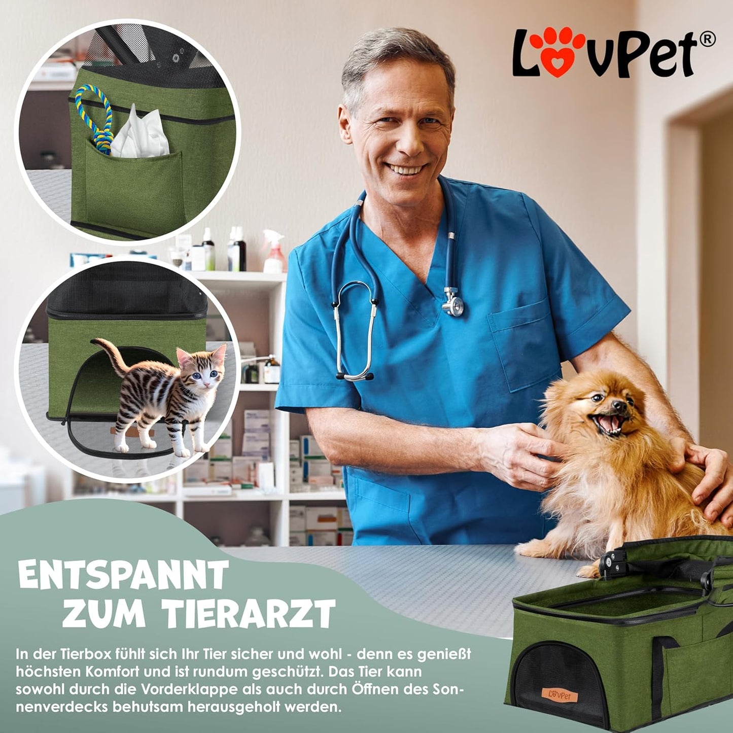 Hundewagen mit Transporttasche, Grün