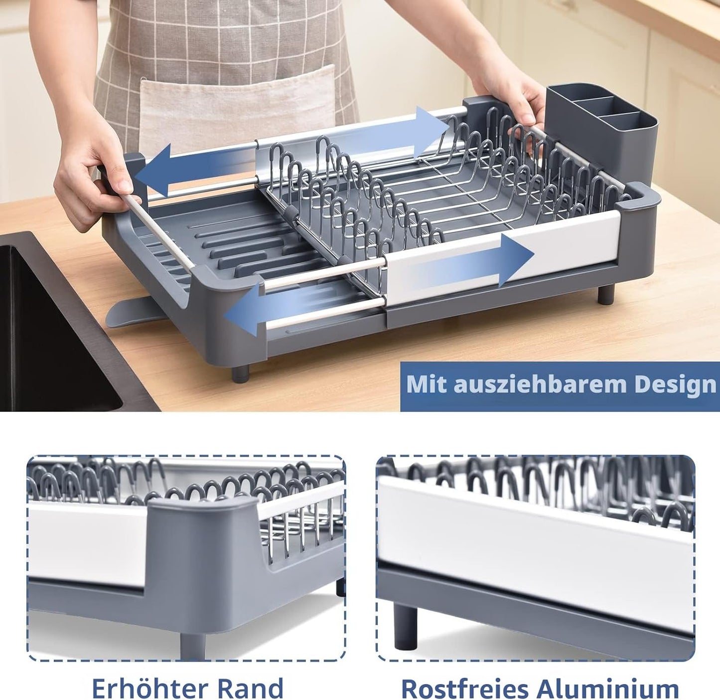 Erweiterbares Abtropfgestell mit abnehmbarem Besteckhalter, Dunkel Grau
