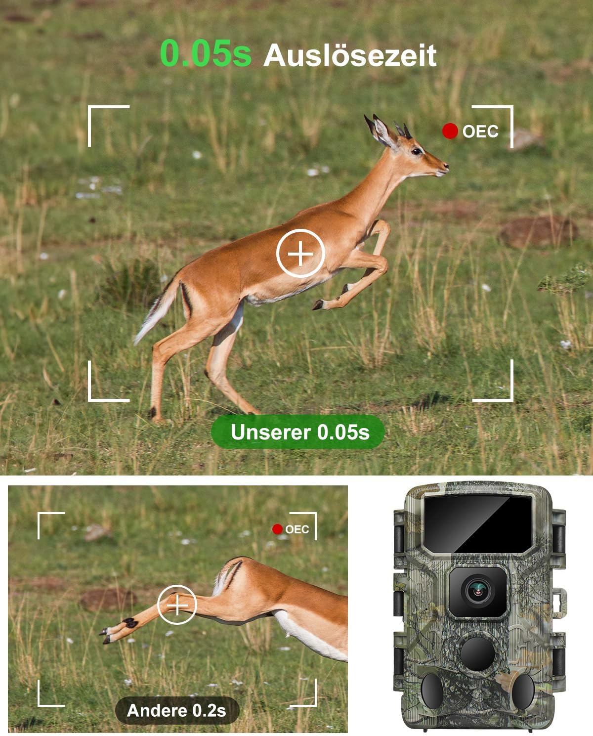 Wildkamera mit WLAN, 4K, Nachtsicht, IP67, 130° Winkel, Armeegrün