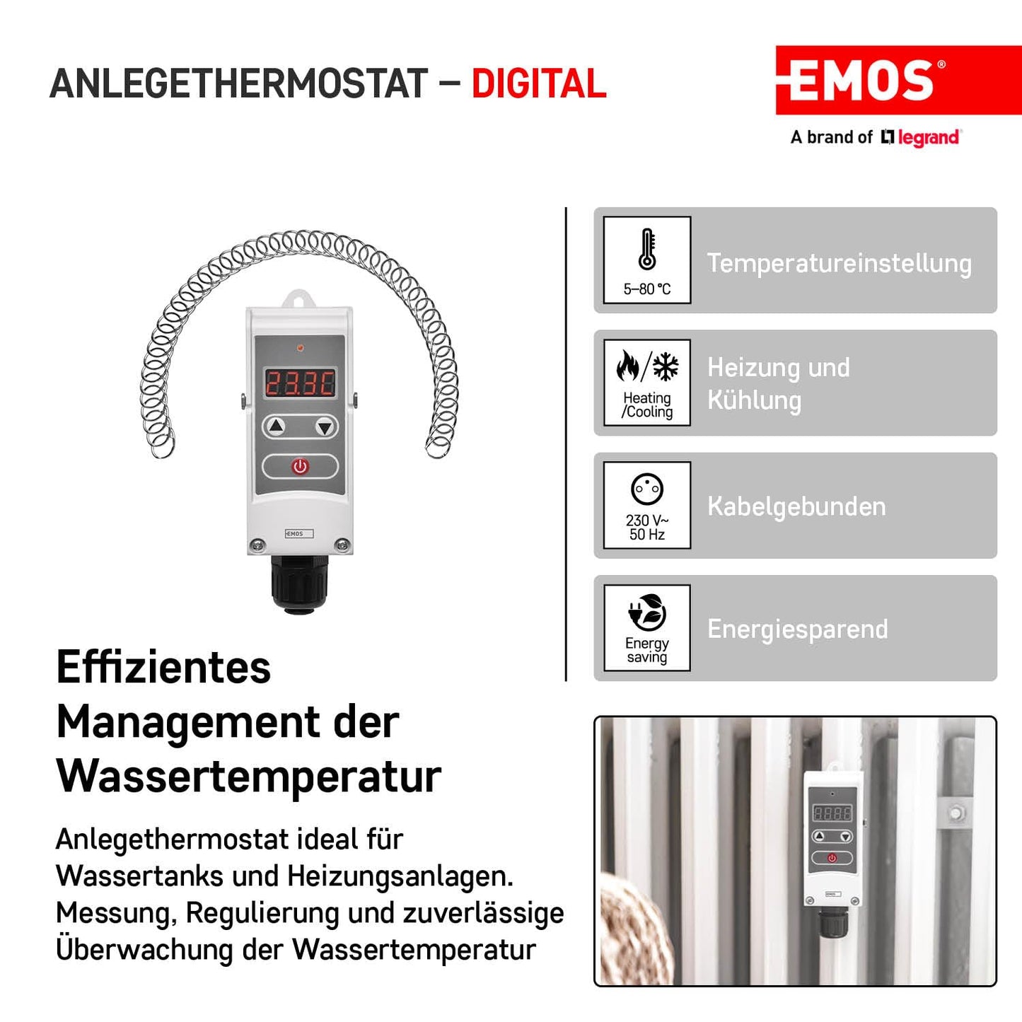 Digitales Anlegethermostat mit Einstellbereich 5-80 °C, Anlege