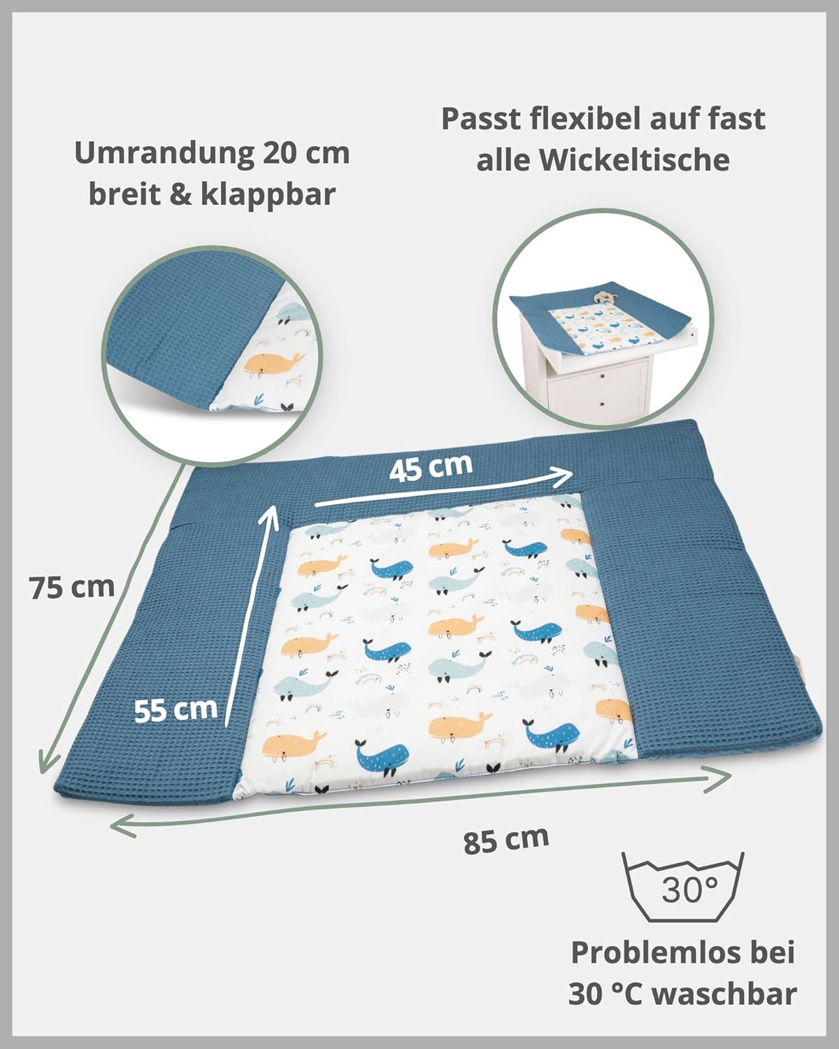 Waschbare Wickelauflage Blau Wale, 85x75 cm, Blau Wale Wickelauflage