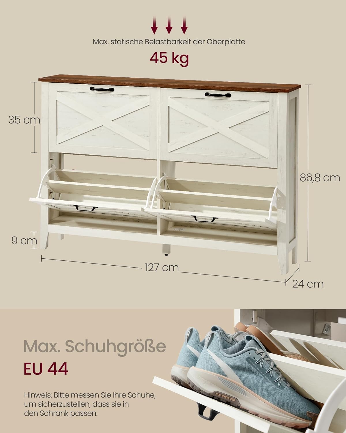 LIRY Kollektion Schuhschrank mit 4 Klappen im Landhausstil, Vintageweiss 24T x 127B x 86,8H cm