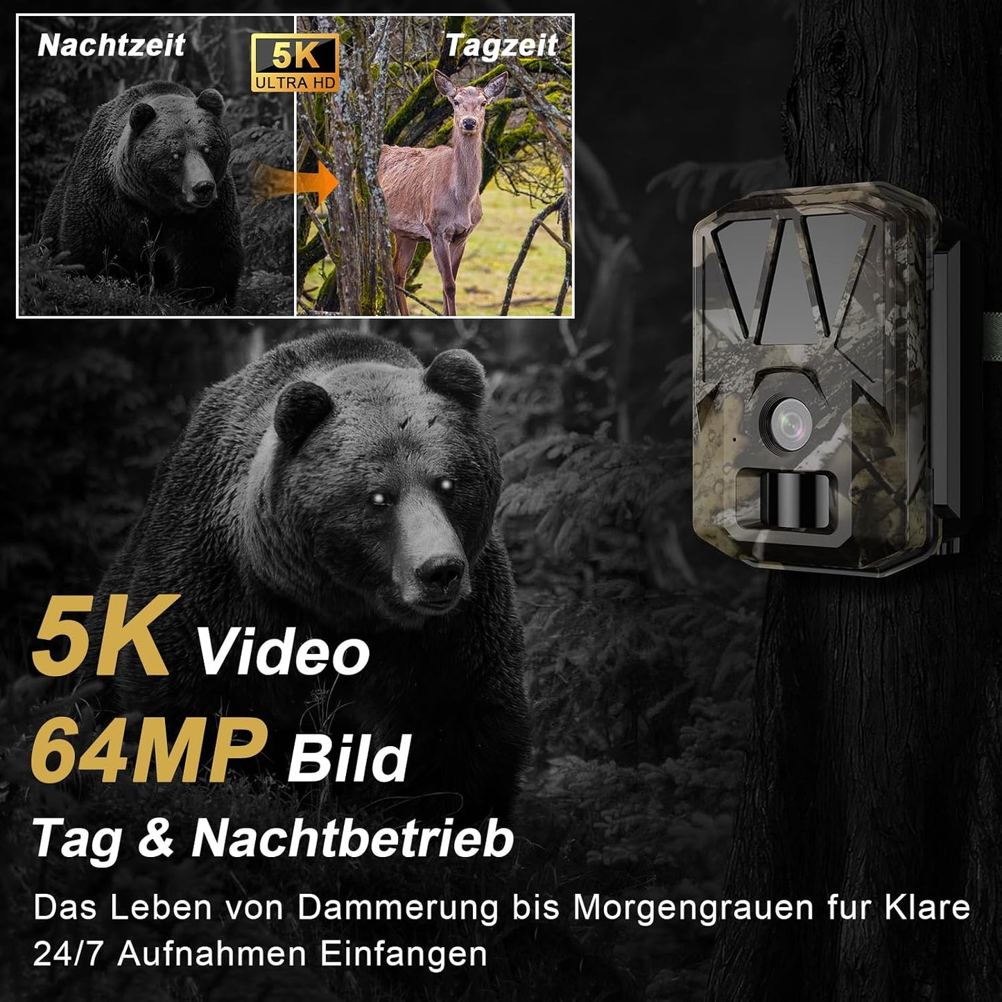 M1 Wildkamera mit Solar-Akku, 5K/64MP, Braun