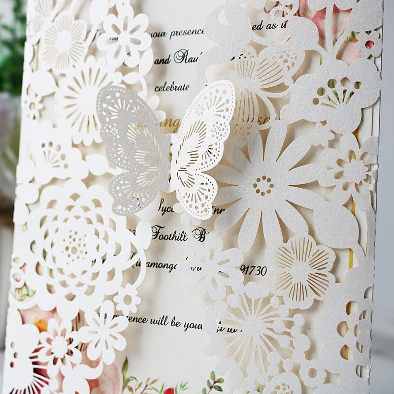 Hochzeit Einladungskarten mit Schmetterling, Spitze und Umschlägen, 20 Stück Leeres Papier Elfenbein