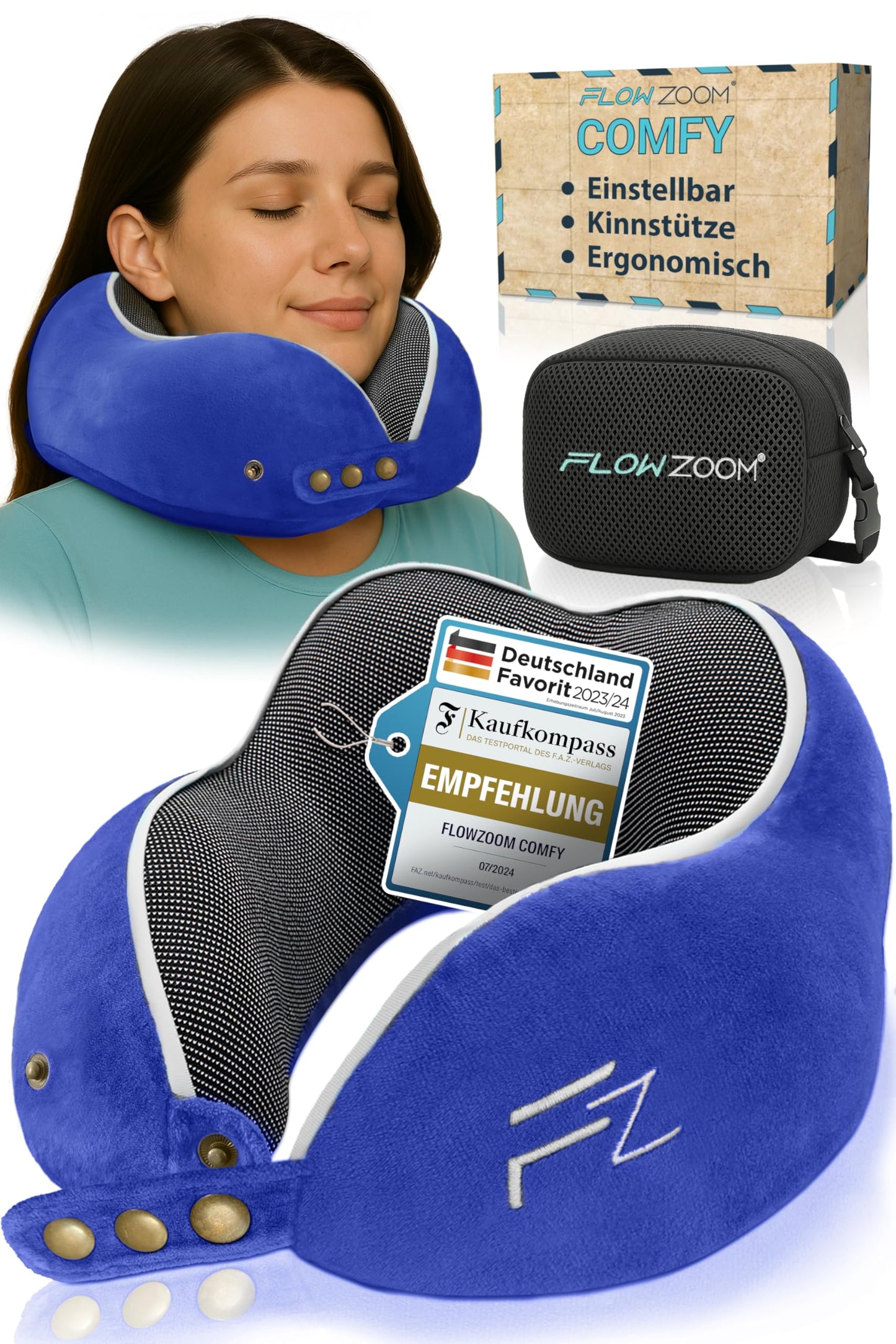Einstellbares Memory Foam Reisekissen mit 360° Stütze, 2.3. Comfy - Dunkelblau