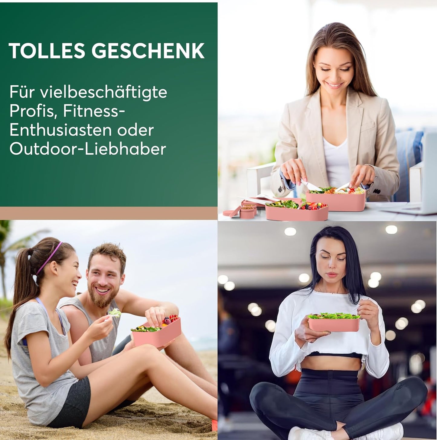 Auslaufsichere Bento Lunchbox mit Besteck & Fächern, Korallenrosa S - 900 ml