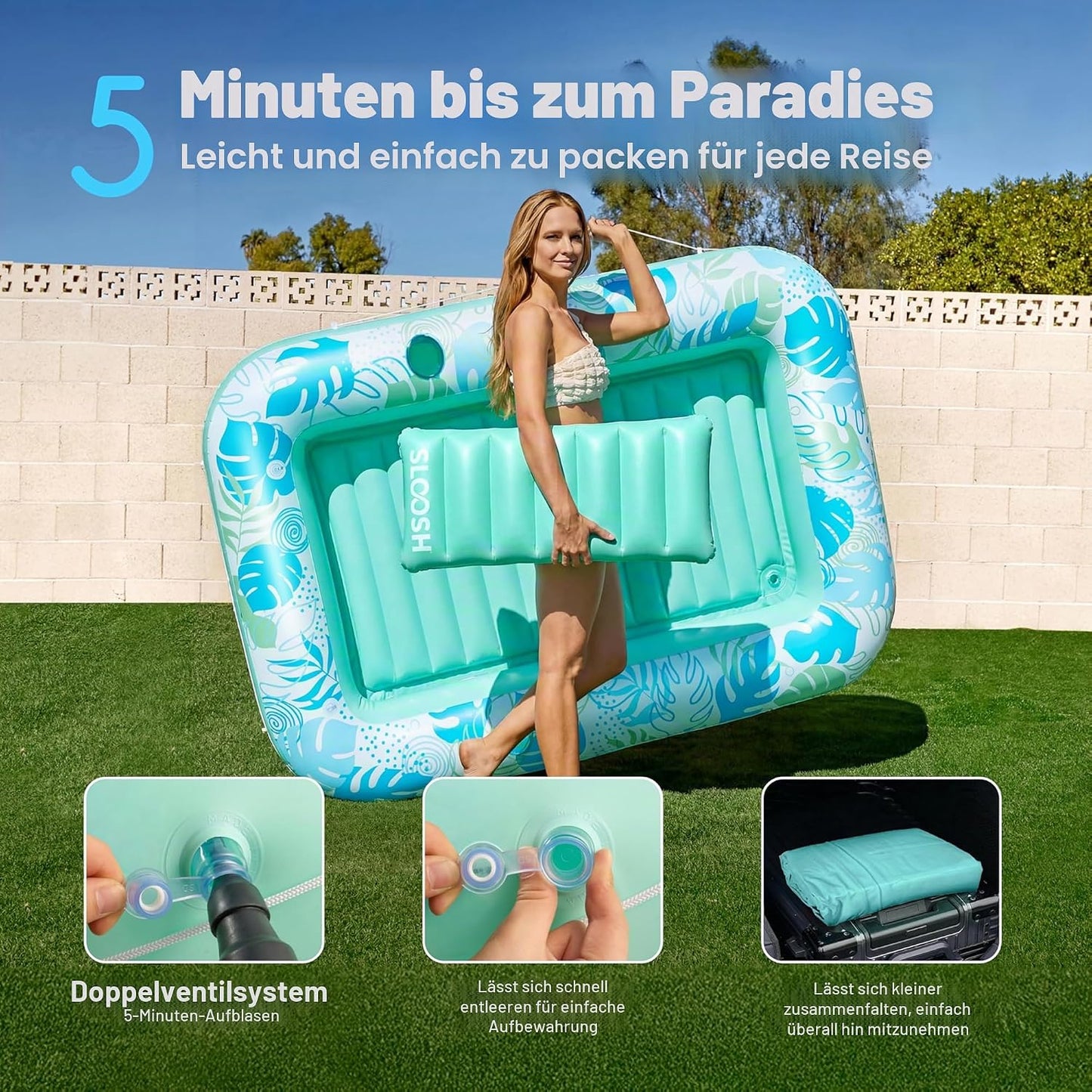 Aufblasbarer 4-in-1 Sonnenliegepool mit Kissen und Getränkehalter, Cyanweiss L