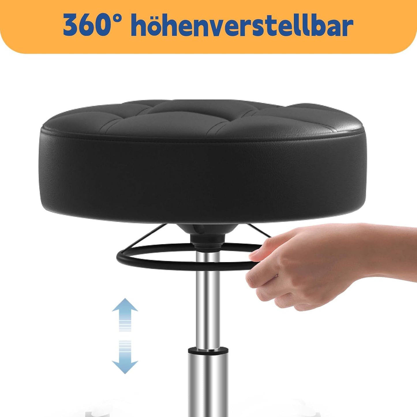 Höhenverstellbarer Rollhocker mit 360° Rollen, Schwarz