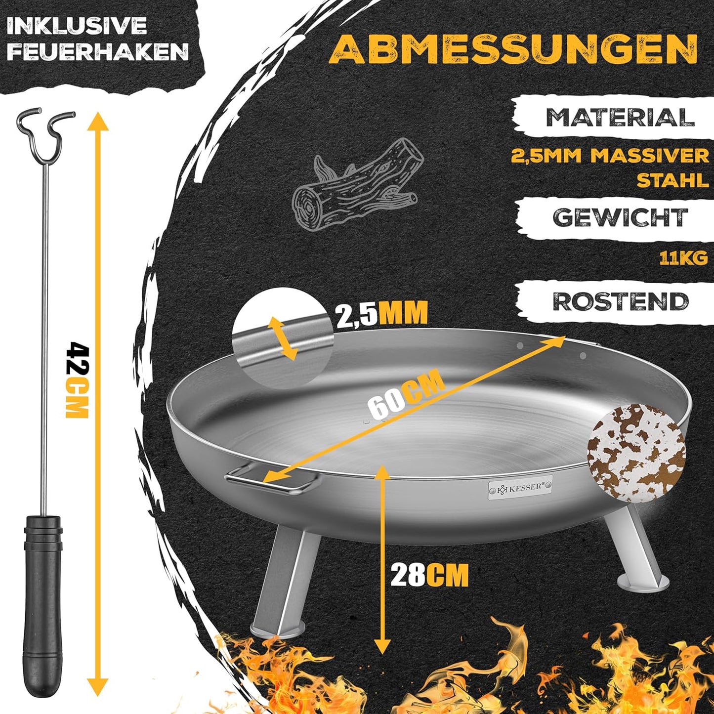 Feuerschale mit Feuerhaken, Ø 60 cm Legierter Stahl