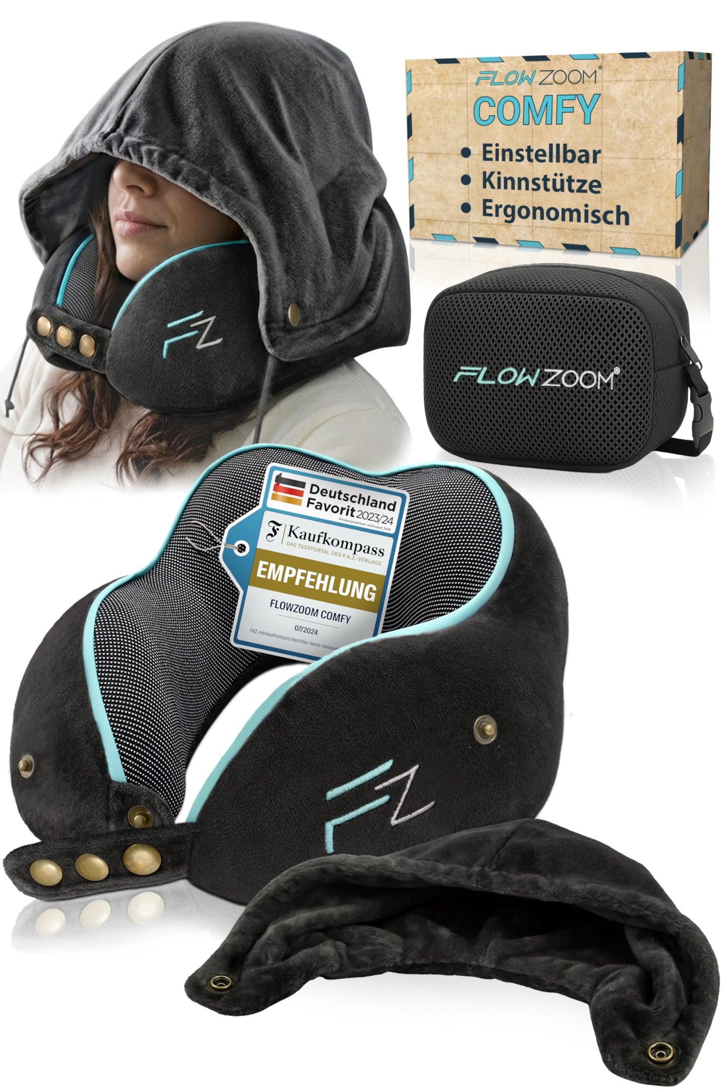 Nackenkissen für Flugzeug und Auto, 2.2.1. Comfy With Hood - Schwarz