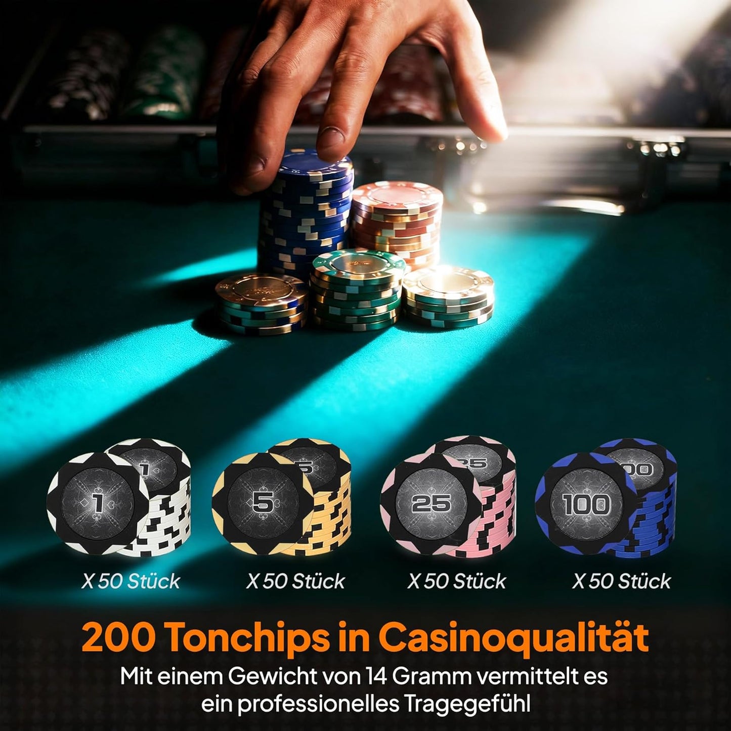 Pokerkoffer-Set mit 200 Chips & Zubehör